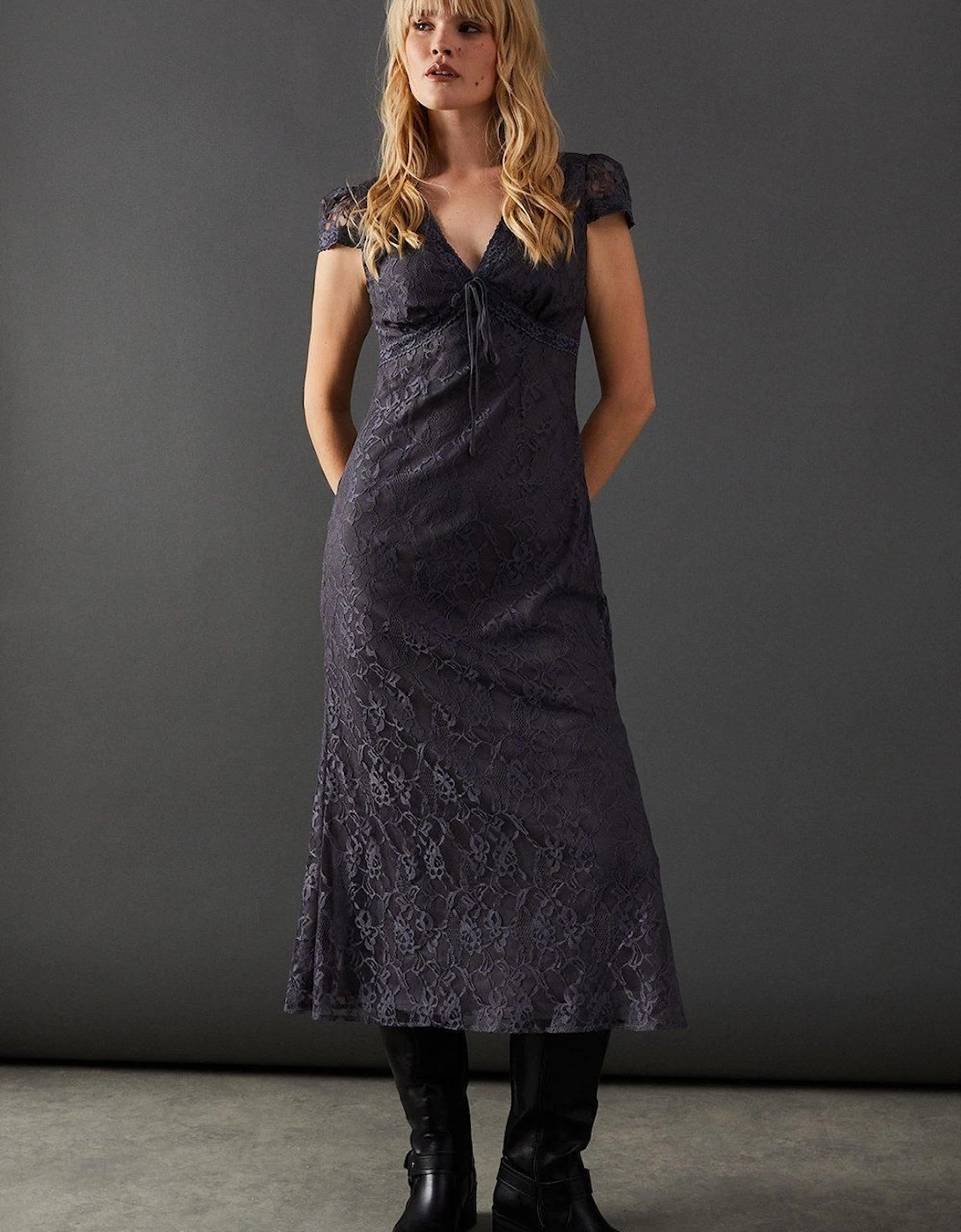 Lace Cap Sleeve Bow Front Midi Tea Dress, 2 of 1