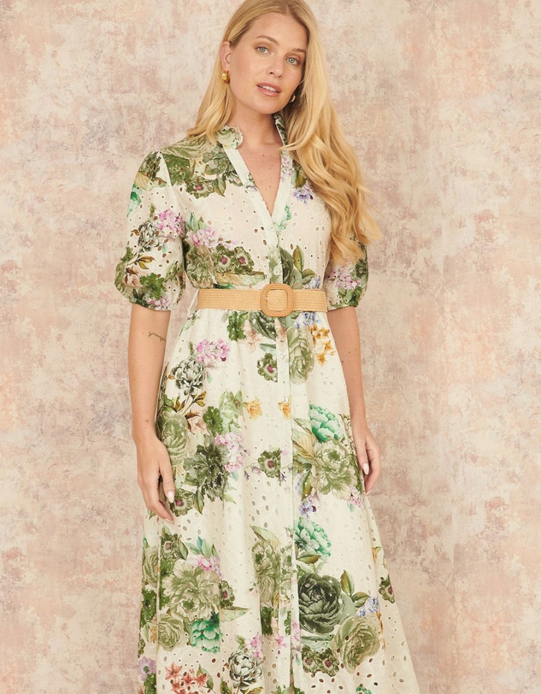Green Cotton Broderie Anglaise Midi Shirt Dress