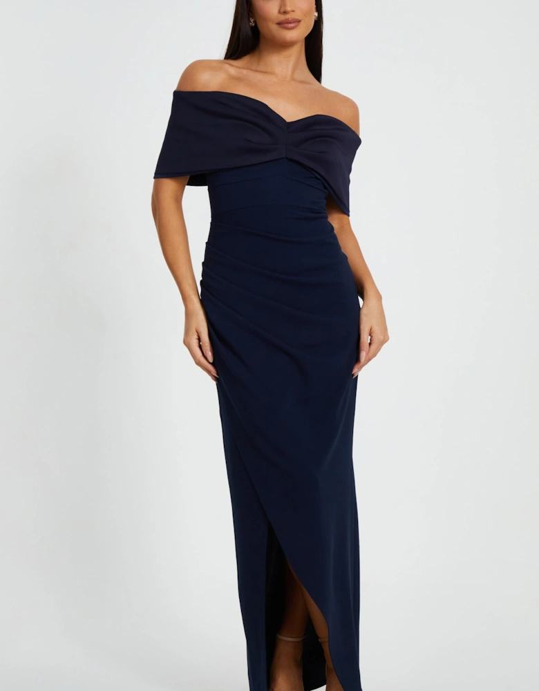 Navy Bardot Front Wrap Maxi Dress