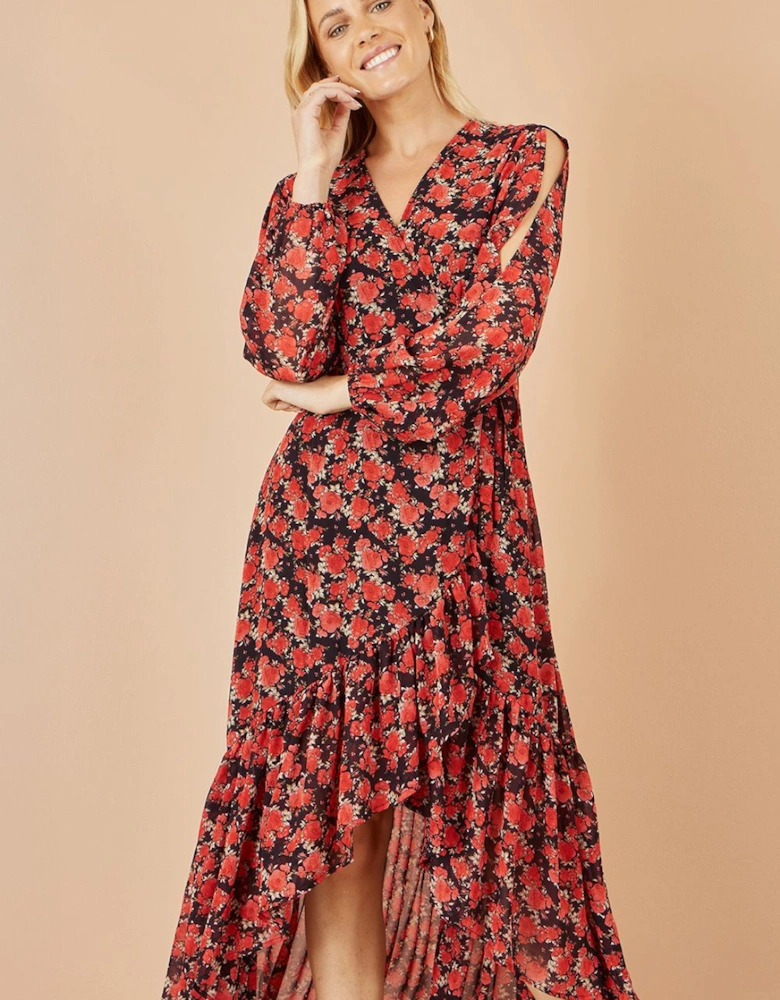 Red Rose Print Dipped Hemline Midi Dress With Open Long Sleeves