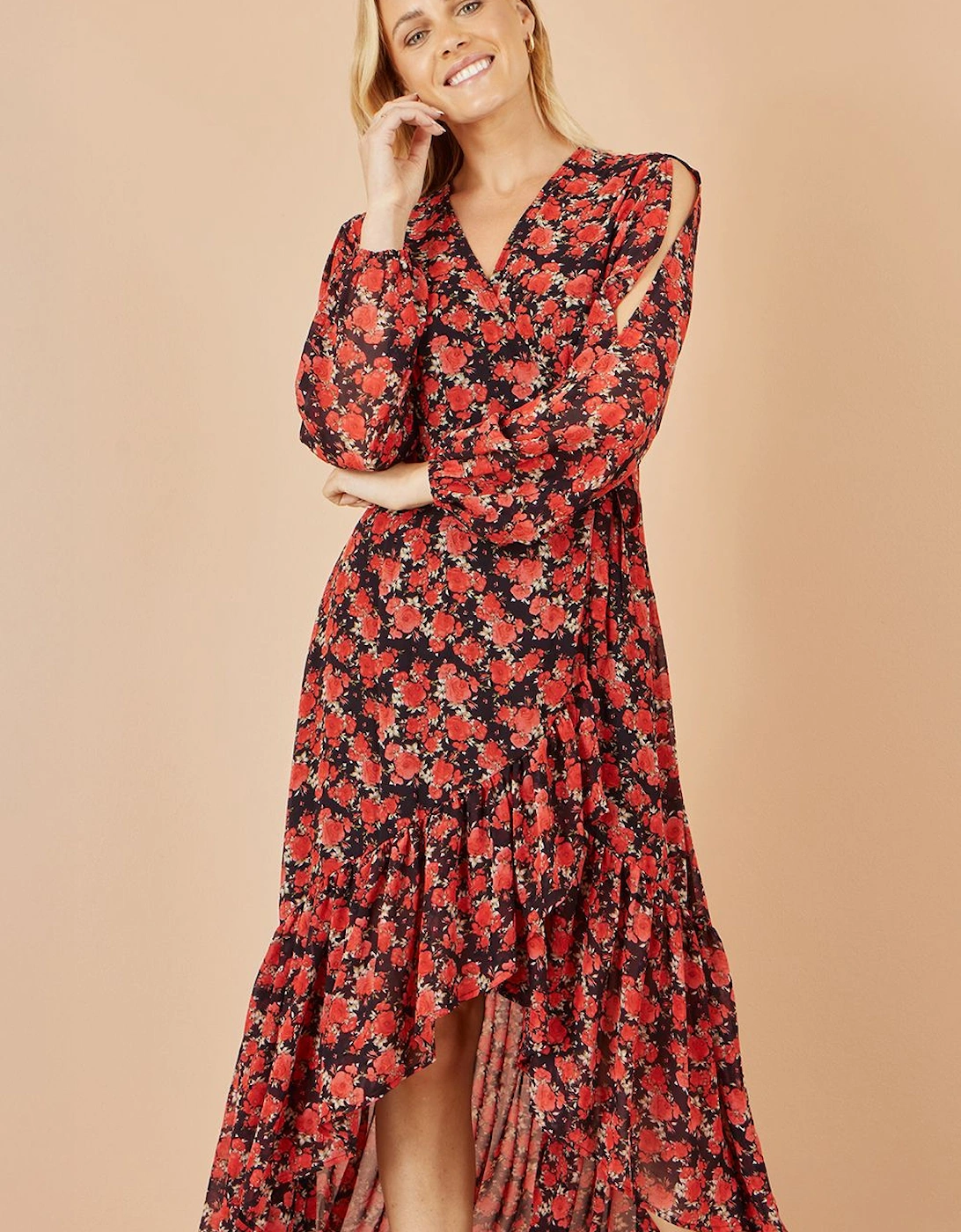 Red Rose Print Dipped Hemline Midi Dress With Open Long Sleeves, 2 of 1