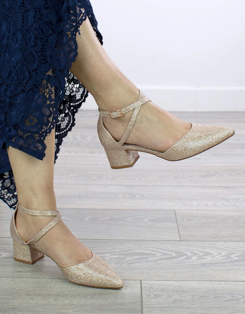 Mid Block Heel Glitter Pointed Toe Evening Party  Strappy Heels