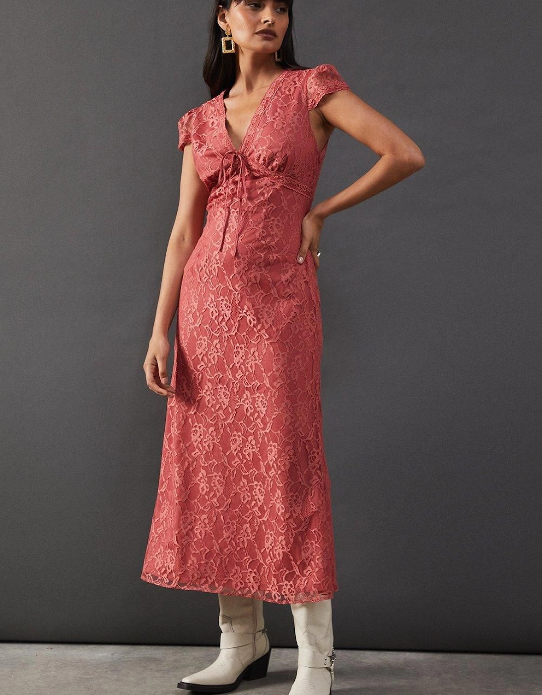 Lace Cap Sleeve Bow Front Midi Tea Dress, 2 of 1