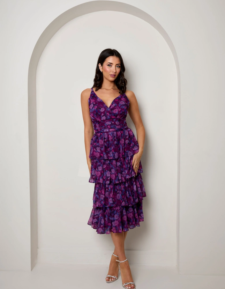 Sleeveless Floral Print Midi Dress in Purple
