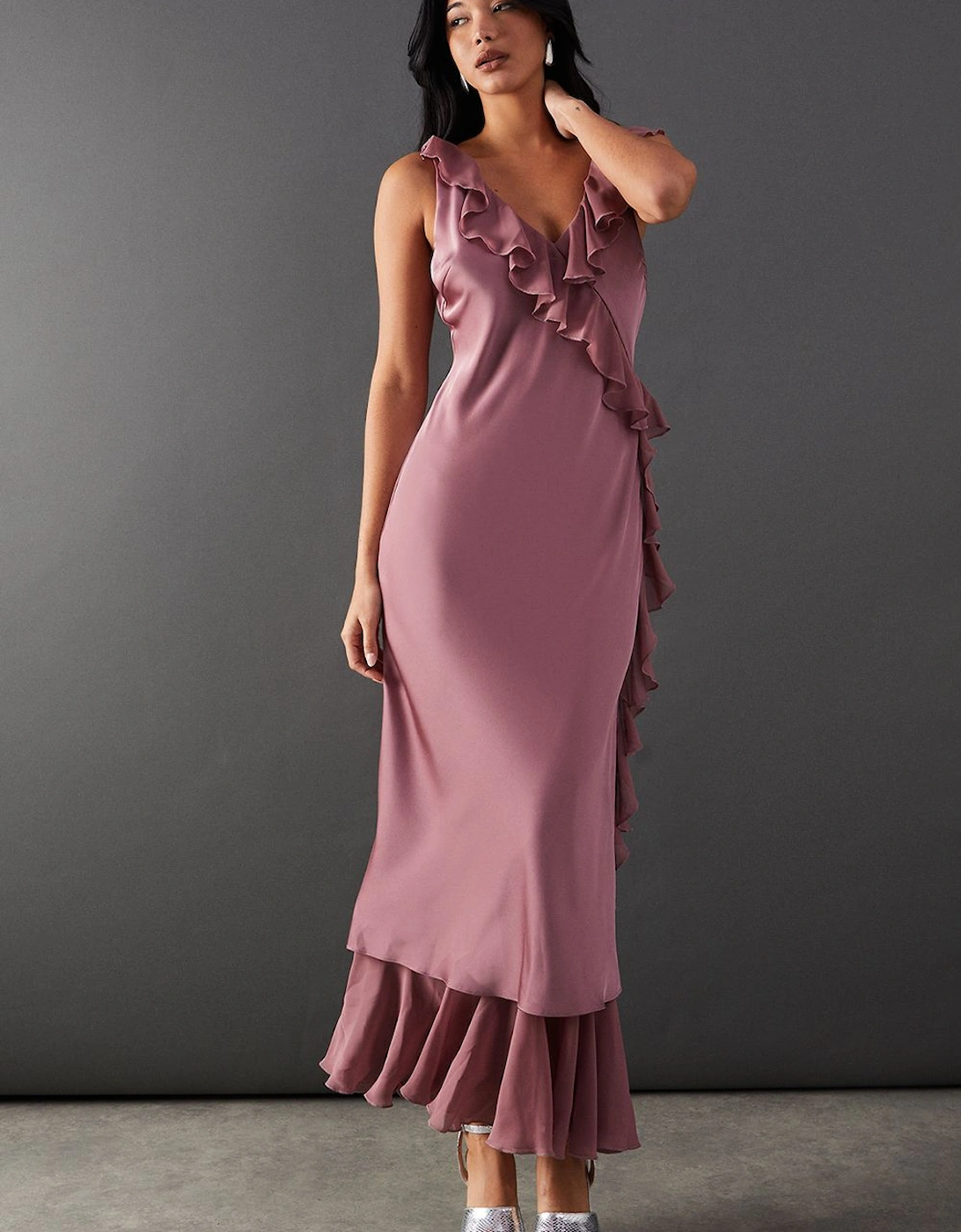 Satin Wrap Chiffon Frill Detail Midi Dress, 2 of 1