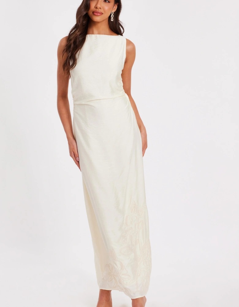 Off White Linen Embroidered Midaxi Dress