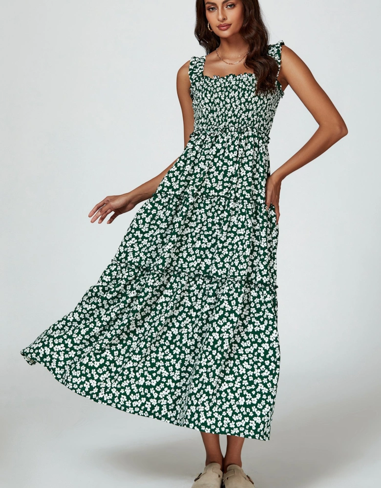 Floral Print Hem Detail Tiered Maxi Dress In Green