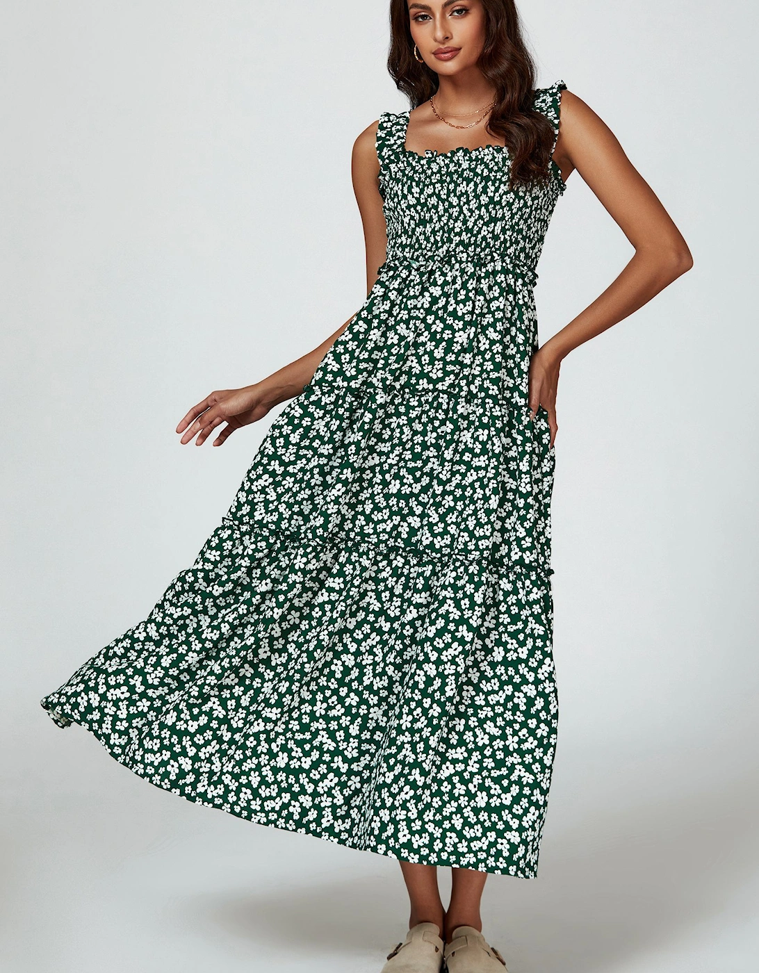 Floral Print Hem Detail Tiered Maxi Dress In Green, 2 of 1