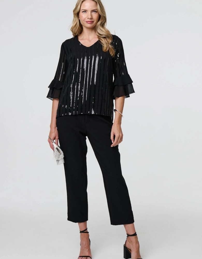 Sequin Stripe Ruffled 3/4 Sleeve Blouse