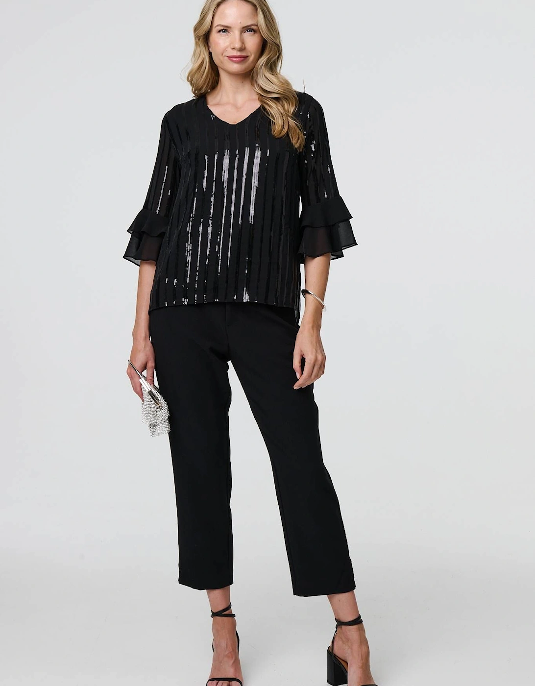 Sequin Stripe Ruffled 3/4 Sleeve Blouse, 2 of 1