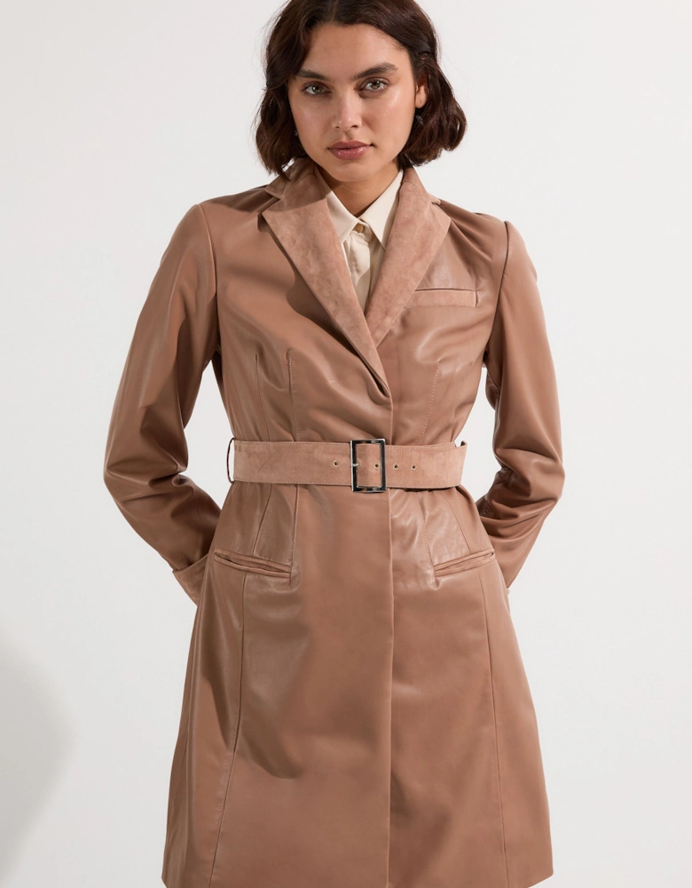 Suede & Leather Belted Trench Coat