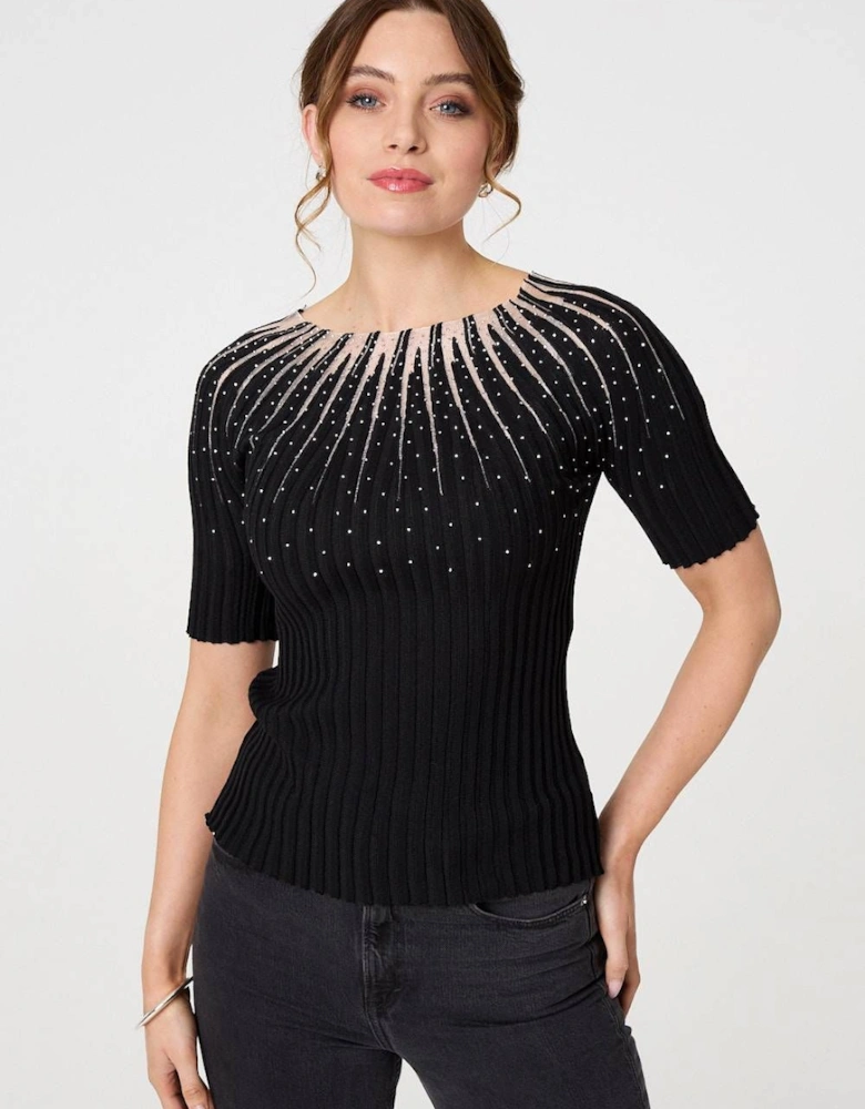 Sequin Embellished Short Sleeve Knit Top