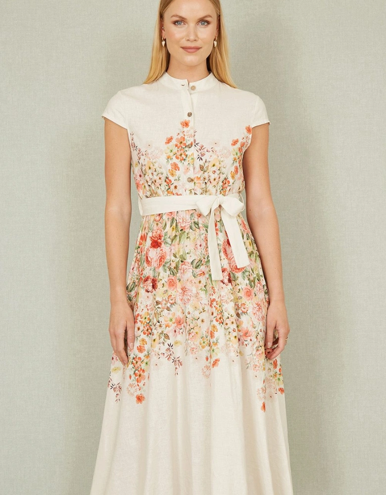 White Linen Floral Mirrored Placement Skater Dress