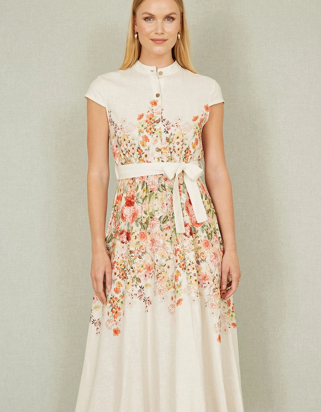 White Linen Floral Mirrored Placement Skater Dress, 2 of 1