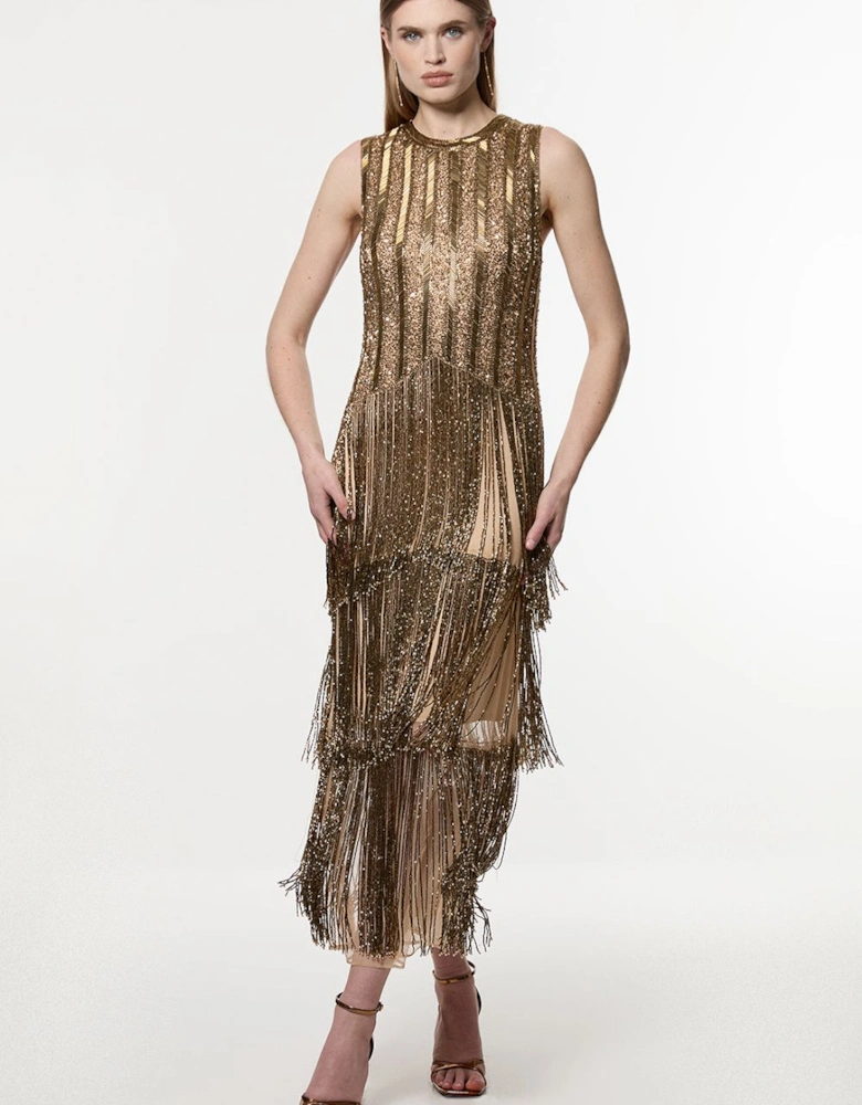 Premium Embellished Fringed Woven Maxi Dress