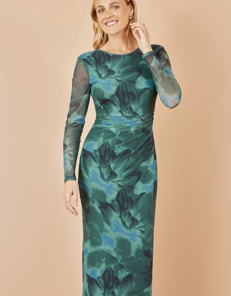 Green Floral Mesh Bodycon Dress With Tie Back