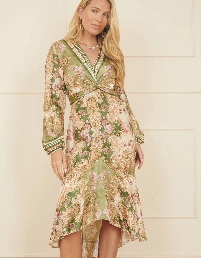 Green Viscose Scarf Print Tie Front Midi Dress With Dip Hem