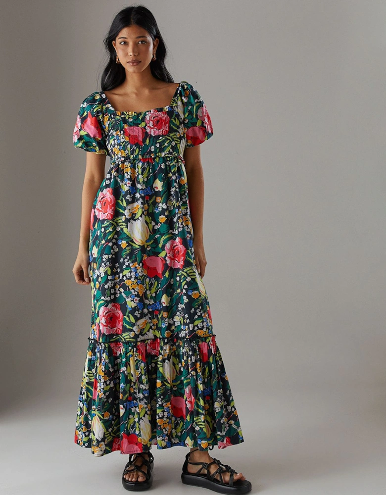 Poplin Pintuck Bodice Square Neck Midi Smock Dress