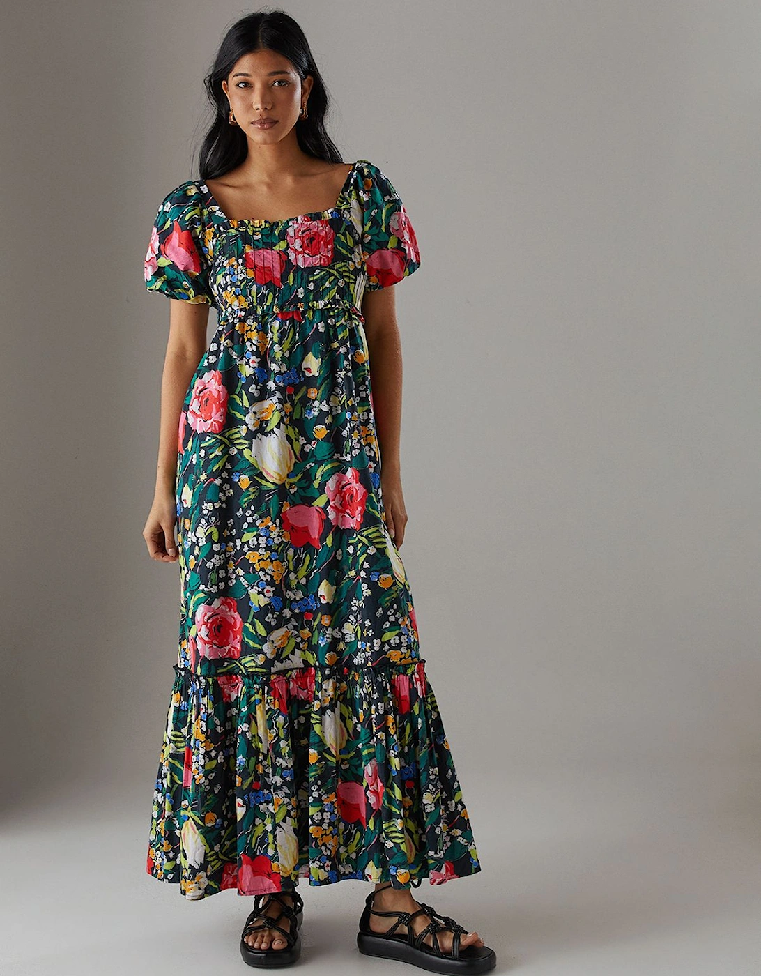 Poplin Pintuck Bodice Square Neck Midi Smock Dress, 2 of 1