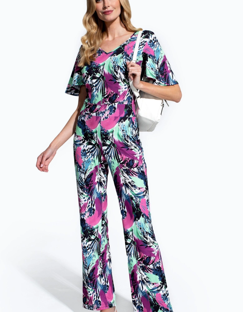 Straight Leg Jumpsuit with V-neck and Flare Sleeves