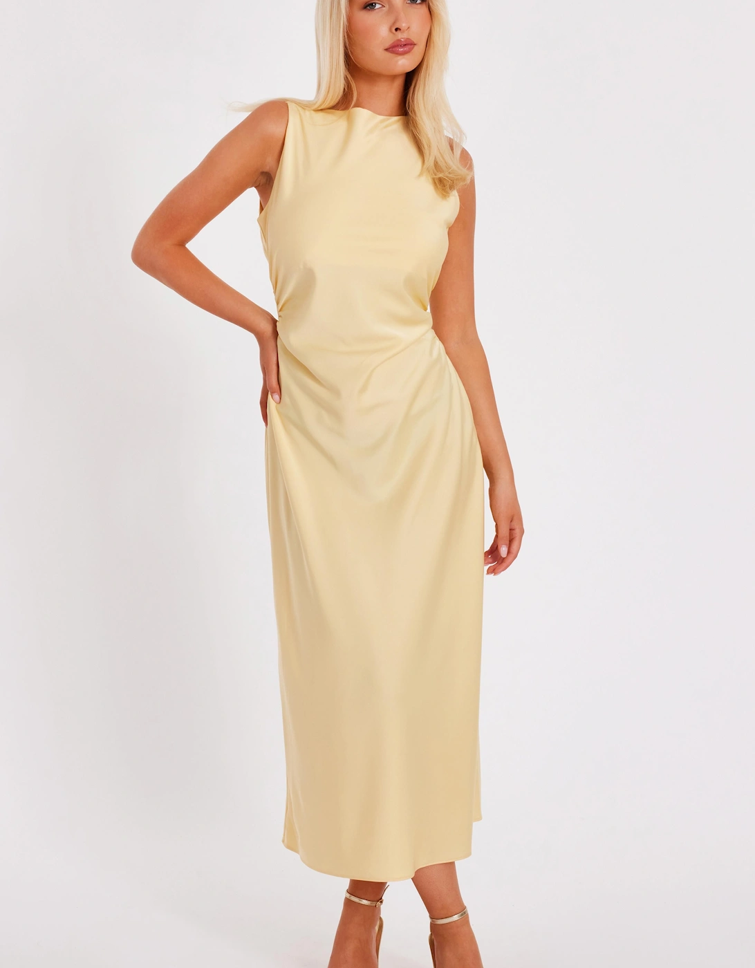 Lemon Satin Ruched Midi Dress, 2 of 1