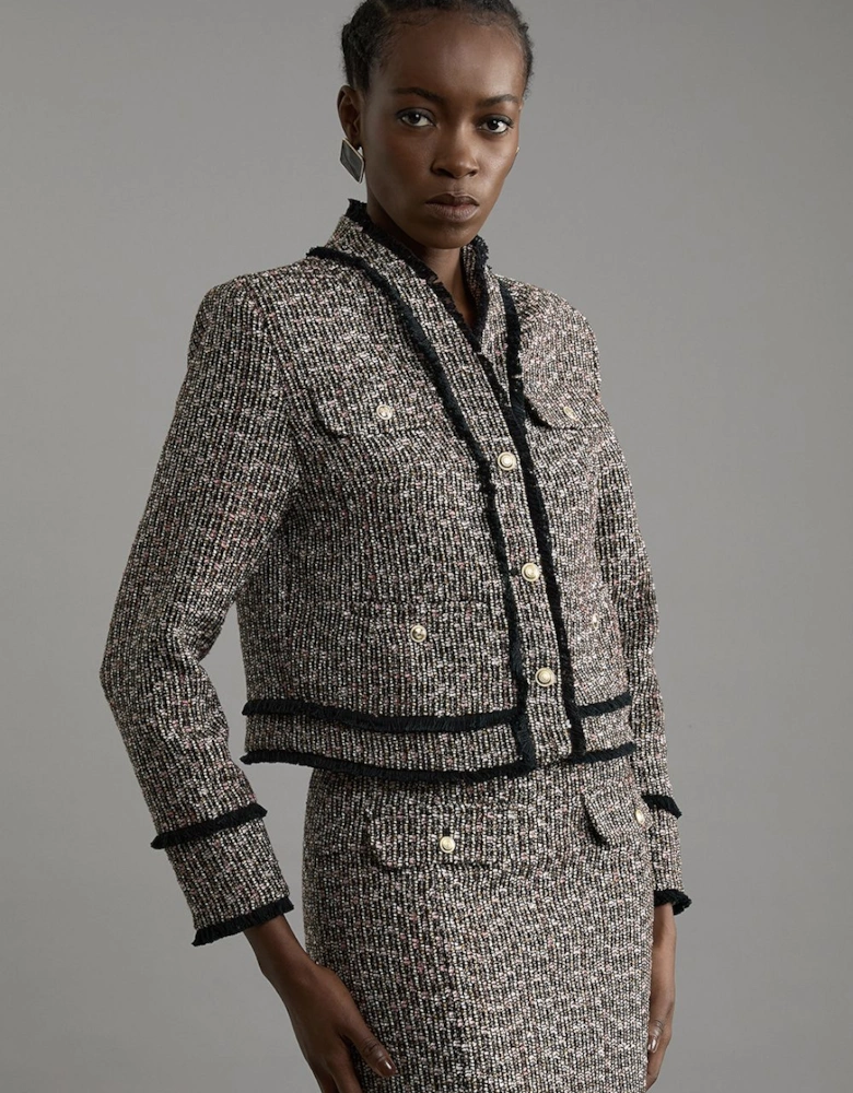 Petite Wool Mix Boucle Tailored Cropped Collarless Jacket