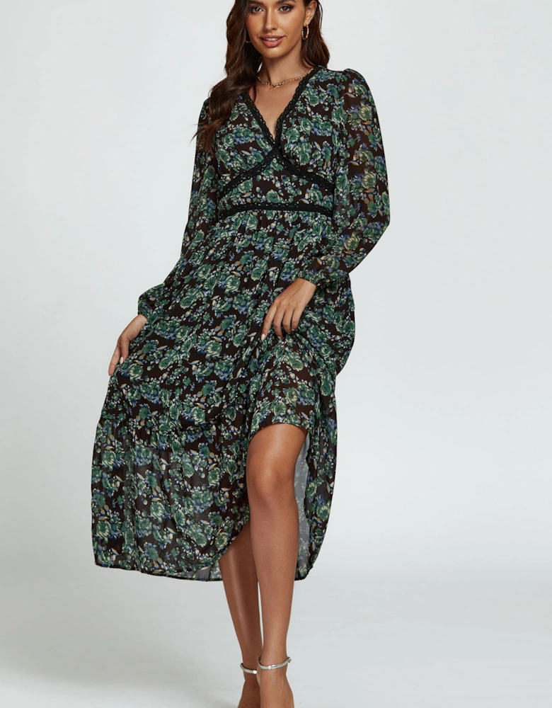 Floral Print Long Sleeve Midi Dress In Brown