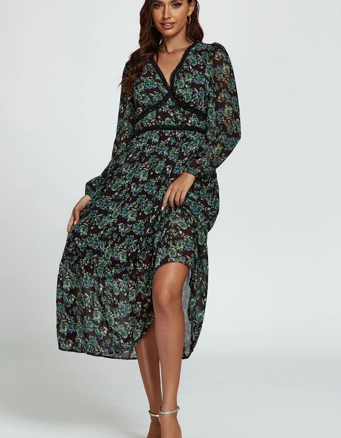 Floral Print Long Sleeve Midi Dress In Brown, 2 of 1