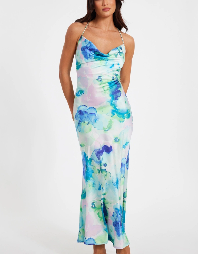 Blue Satin Tie Dye Midaxi Dress
