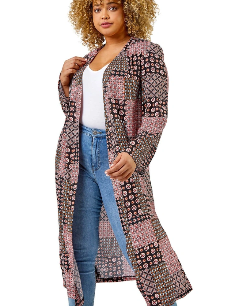 Curve Geo Patchwork Print Longline Kimono