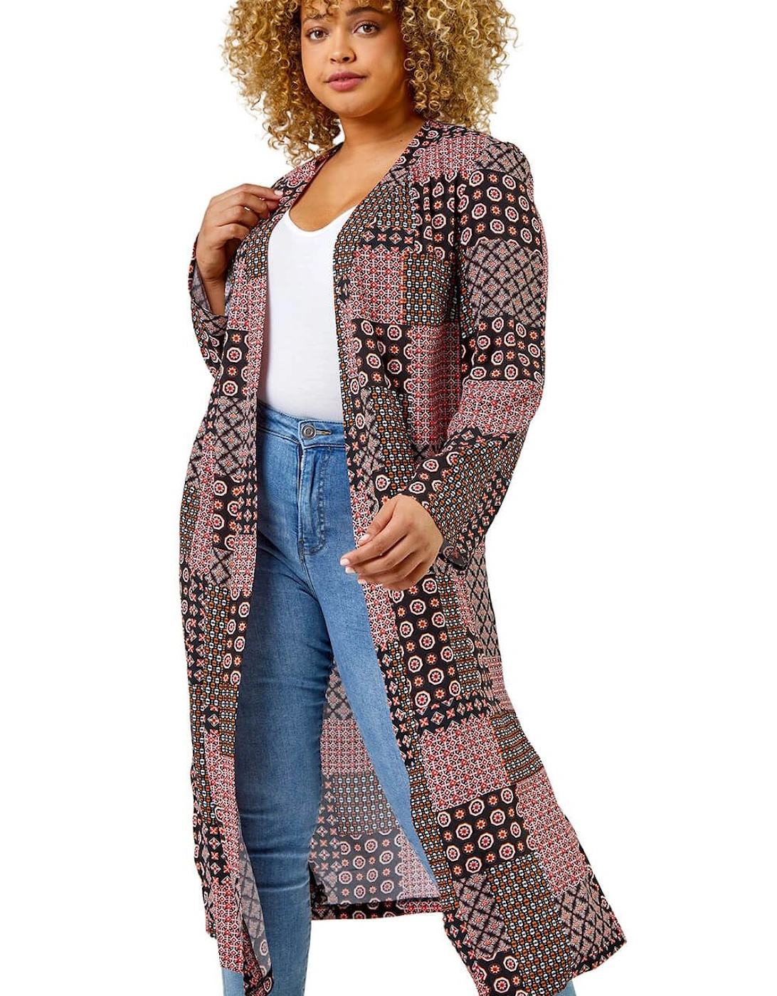 Curve Geo Patchwork Print Longline Kimono, 2 of 1