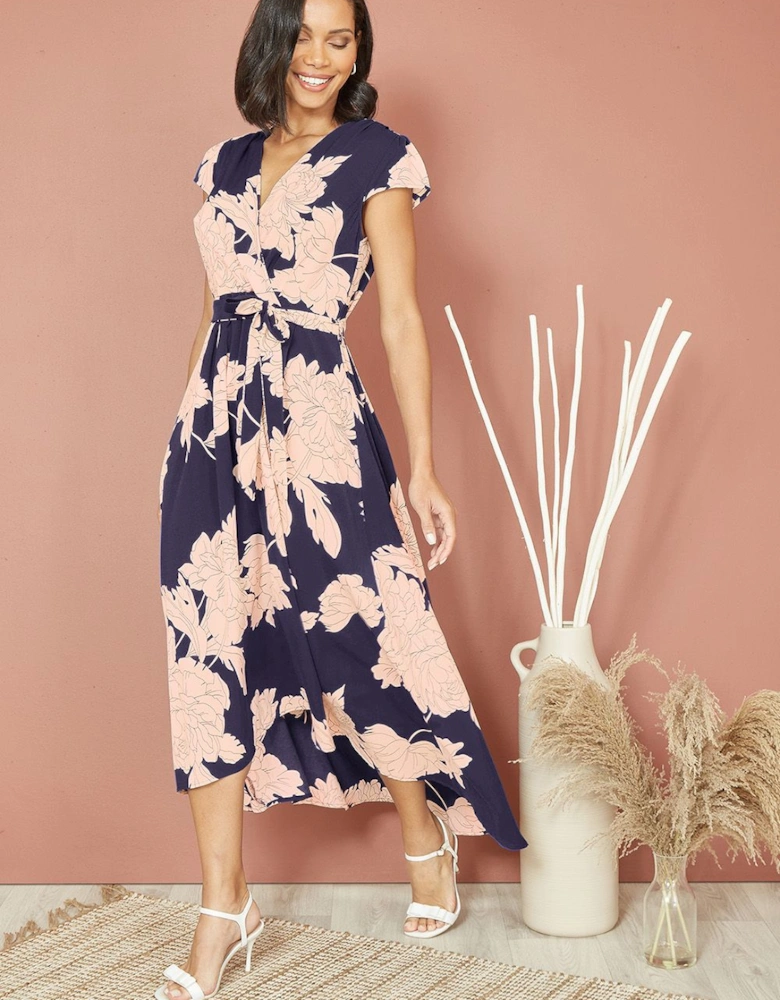 Navy Blossom Print Wrap Midi With Dipped Hem