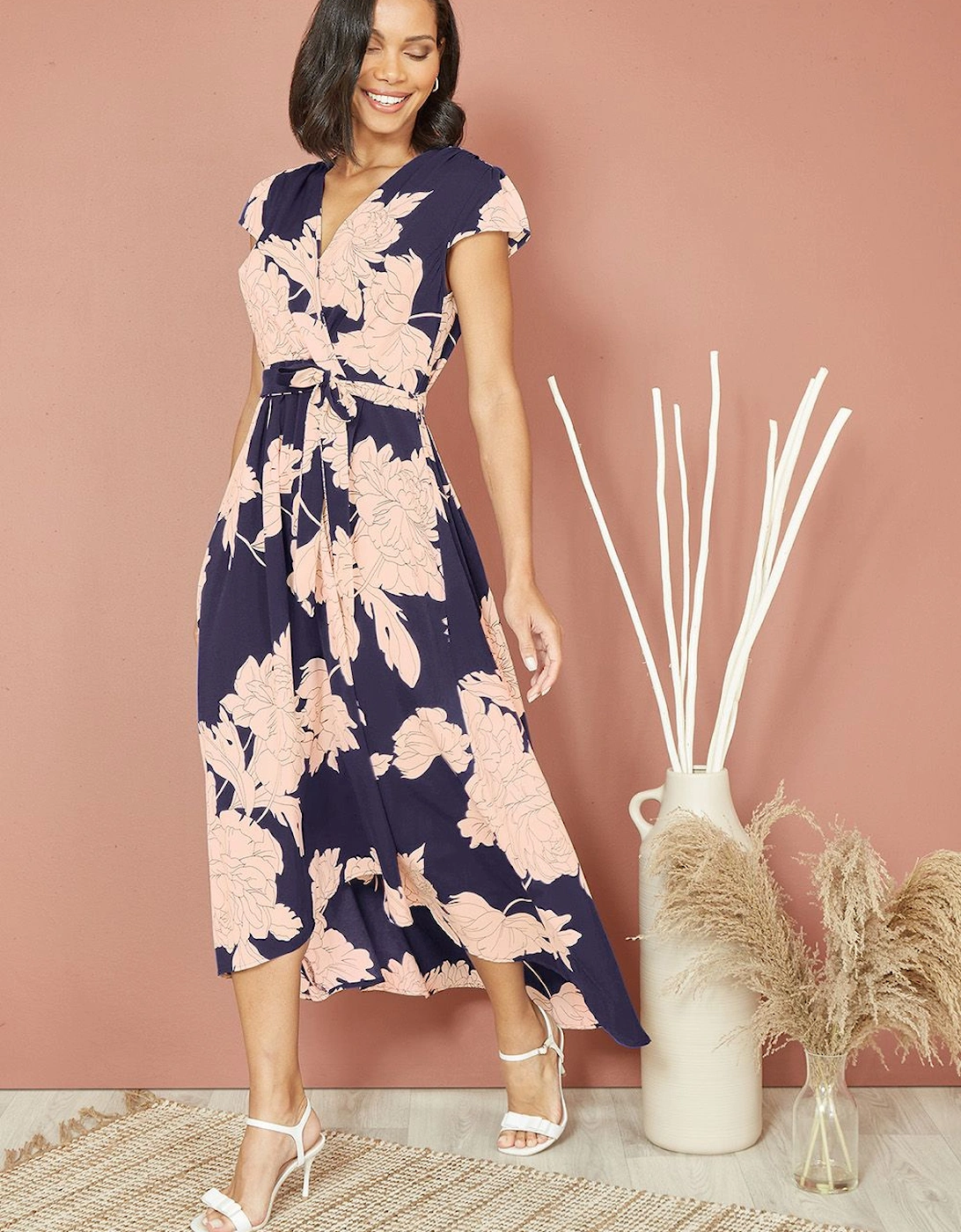 Navy Blossom Print Wrap Midi With Dipped Hem, 2 of 1