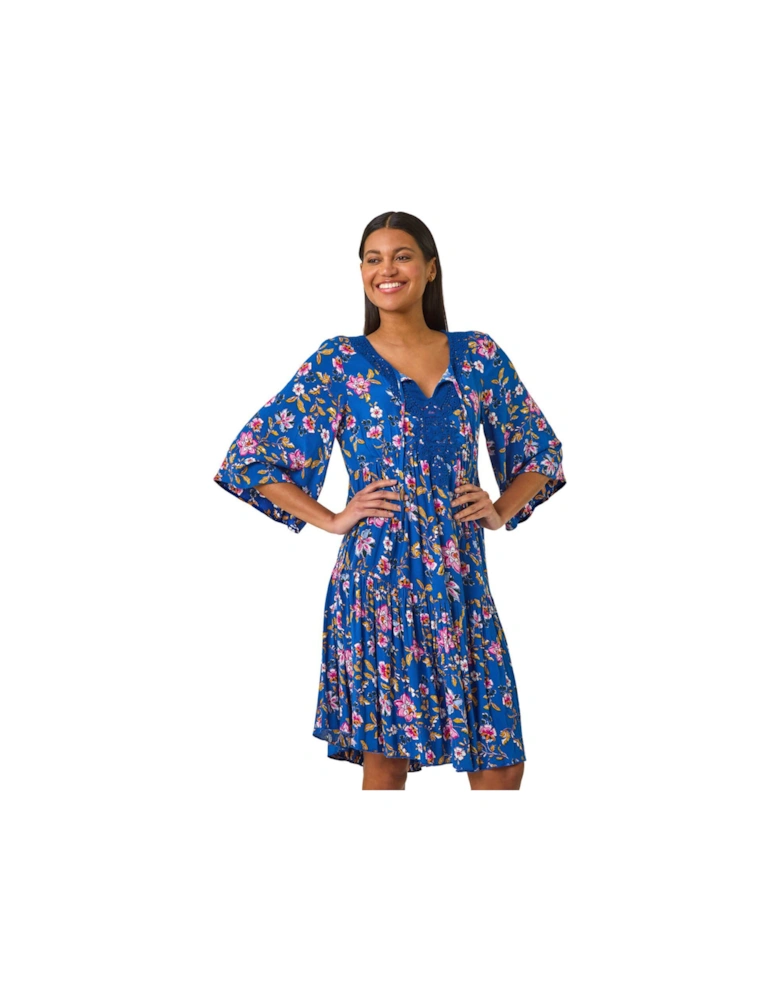 Floral Print Lace Detail Smock Dress