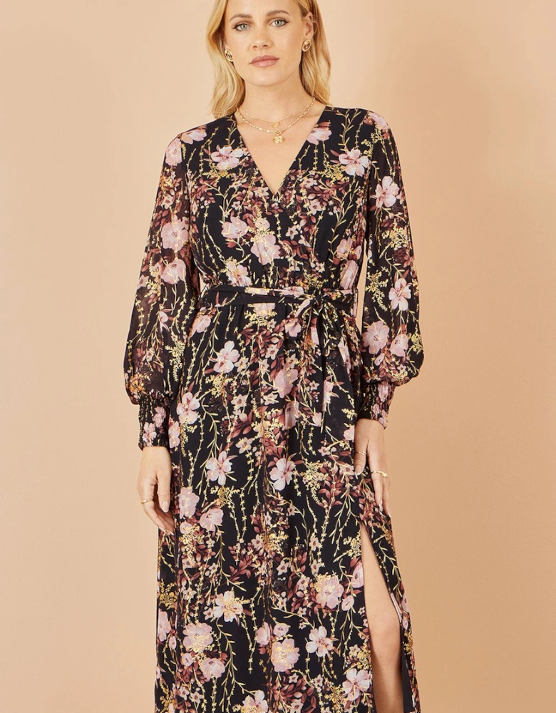 Black Foiled Floral Print Wrap Midi Dress