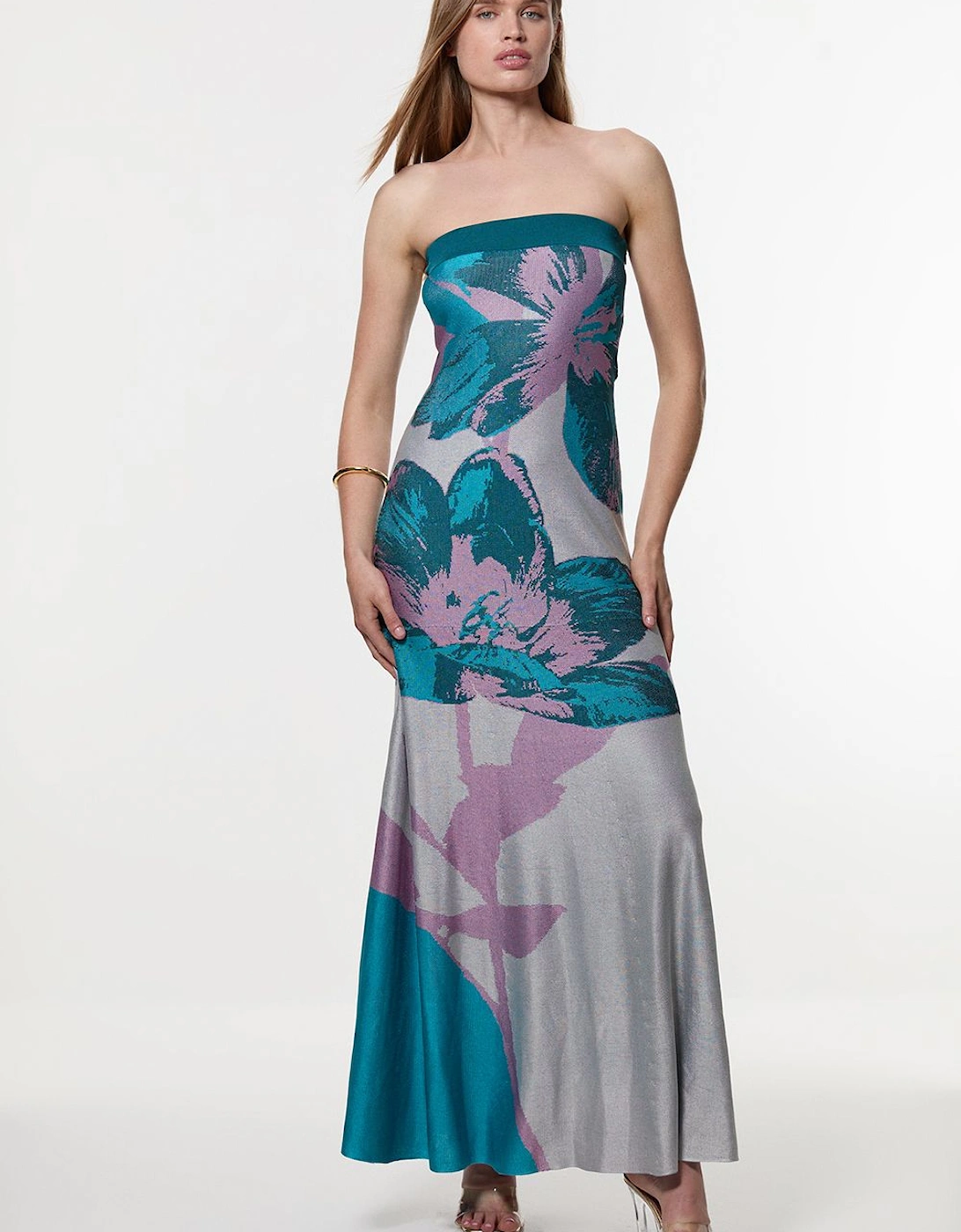 Placement Floral Jacquard Slinky Knit Bandeau Midi Dress, 2 of 1