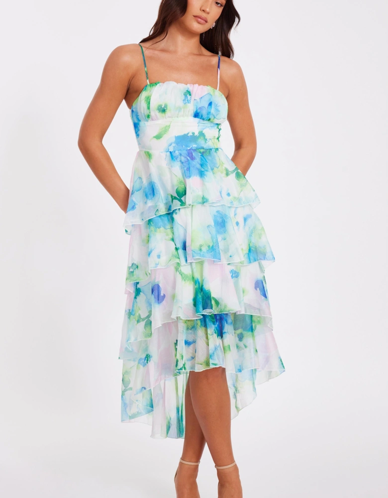 Blue Floral Tiered Midi Dress