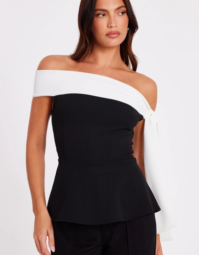 Black Contrast Tie Shoulder Top