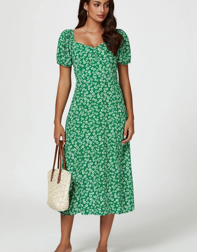 Puff Sleeve Heart Neckline Midi Dress In Green