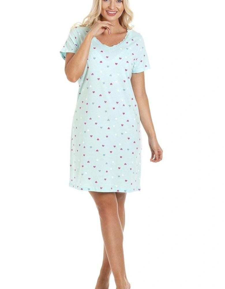 Multicoloured Heart Print Cotton Summer Nightshirt