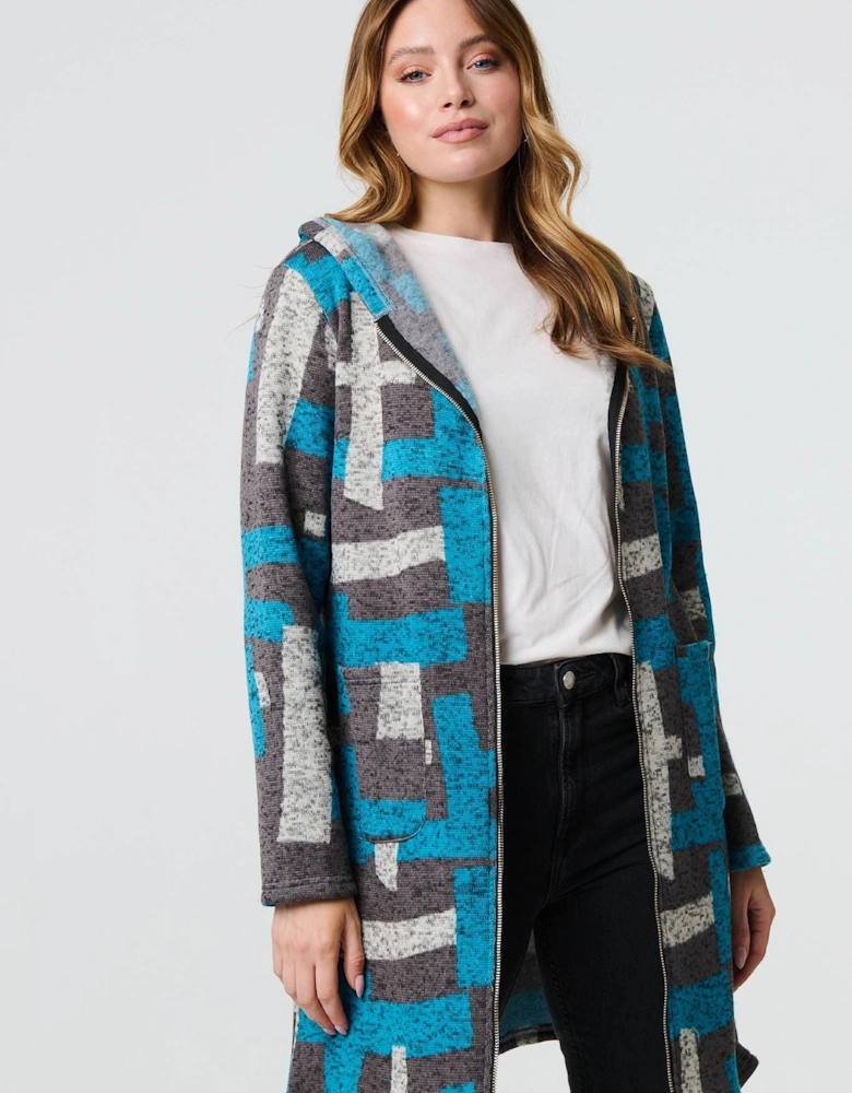 Geo Print Hooded Longline Zip-Up Jacket