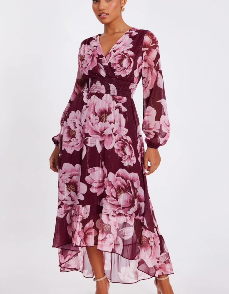 Wine Petite Floral Tiered Midaxi Dress