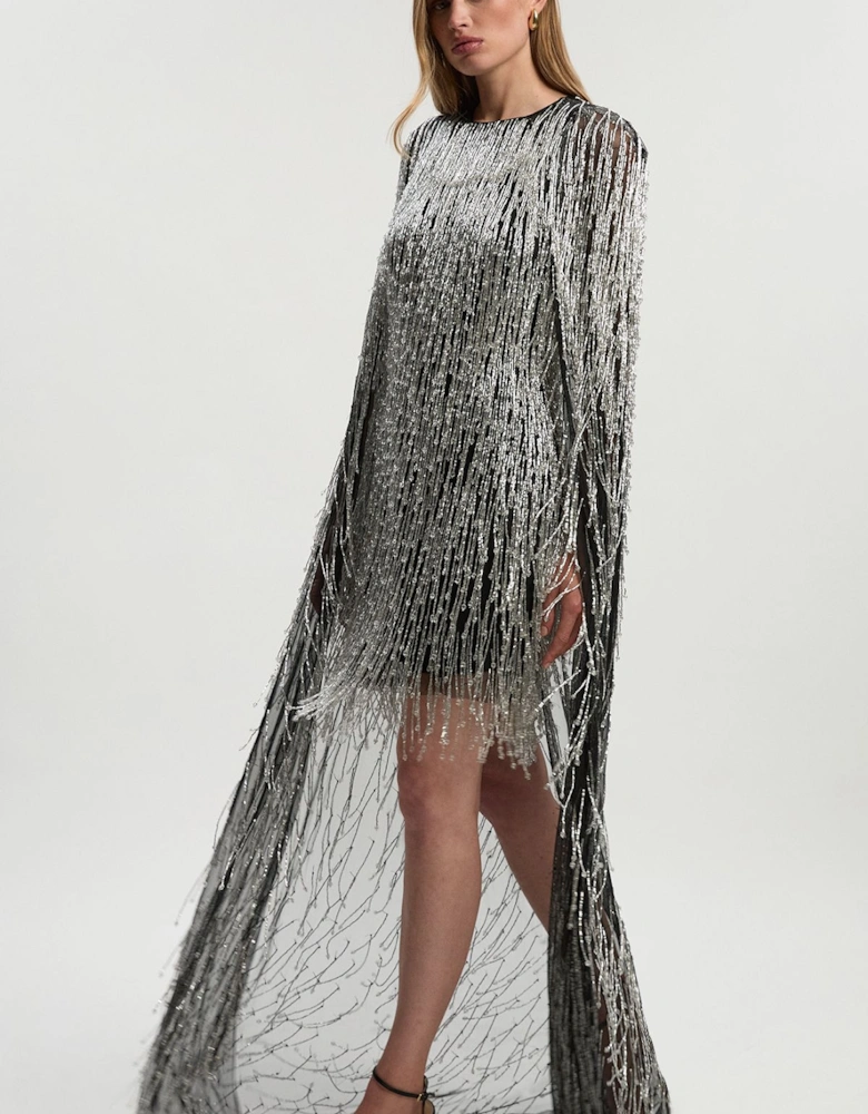 Embellished Fringe Caped Woven Mini Dress