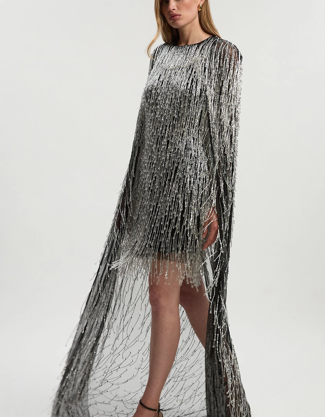 Embellished Fringe Caped Woven Mini Dress, 2 of 1