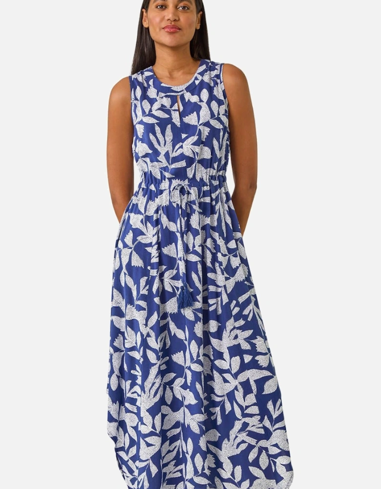 Leaf Print Tie Waist Midi Dress