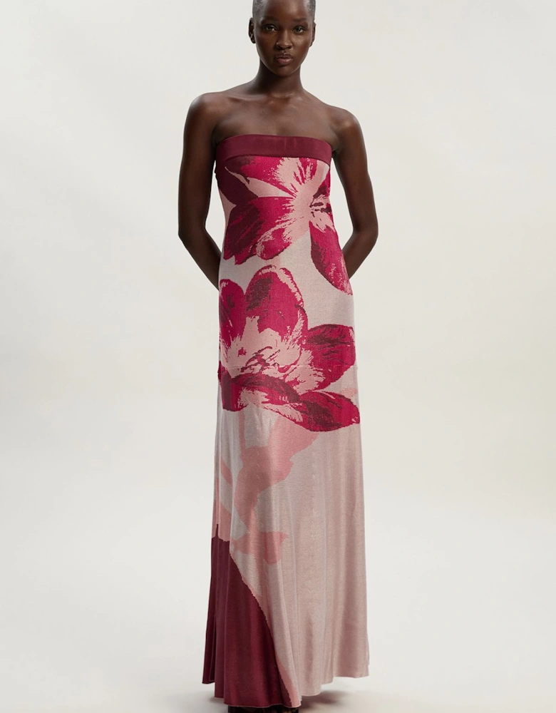 Placement Floral Jacquard Slinky Knit Bandeau Midi Dress