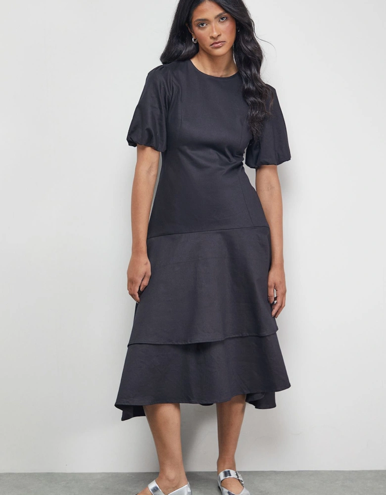 Twill Puff Sleeve Ruffle Hem Midi Dress