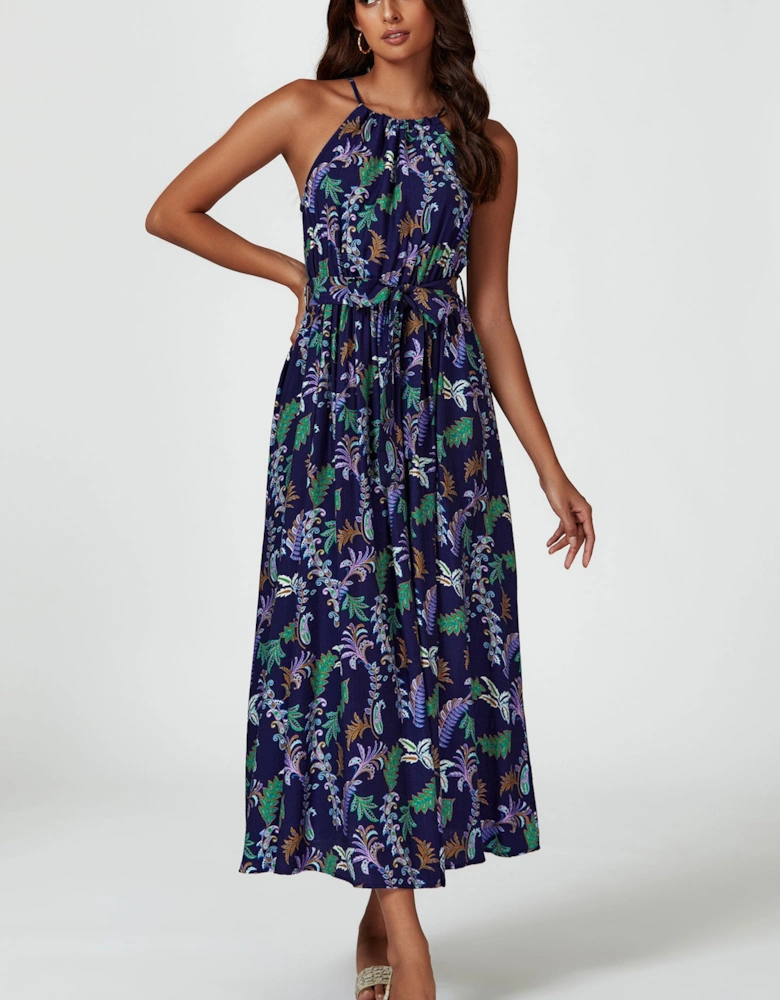 Floral Print Tie Halterneck Maxi Dress In Navy