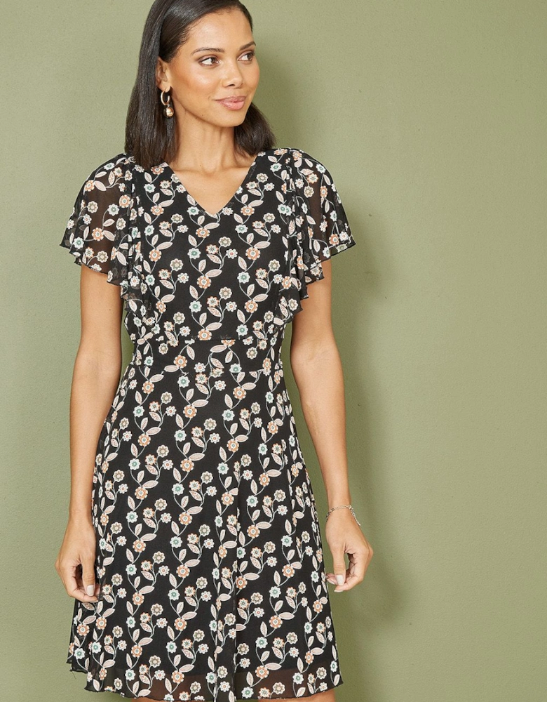 Black Leaf Print Mesh Stretch Skater Dress