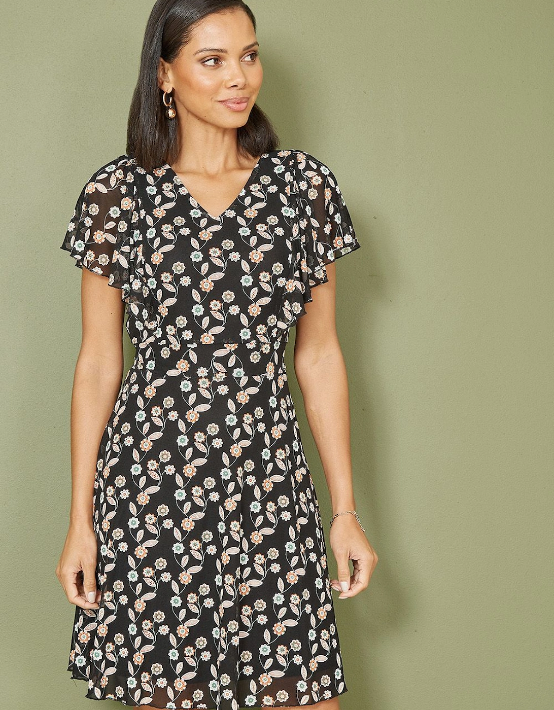 Black Leaf Print Mesh Stretch Skater Dress, 2 of 1